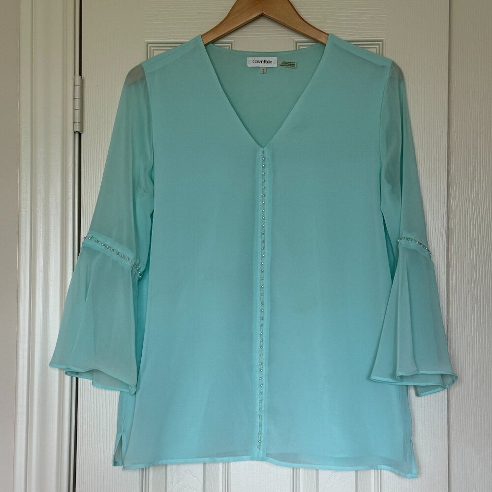 💎 Calvin Klein Pearl Embellished Aqua Blue Blouse Sheer Bell Sleeve - Size M 💎